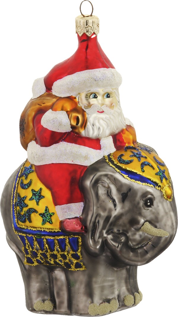 Santa on elephant glass ornament
