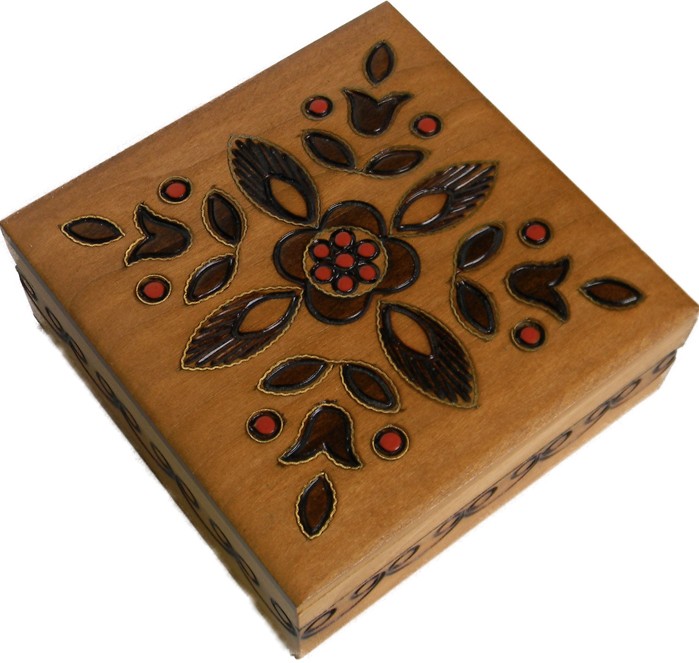Beige square wooden box with stylized flowers and leaves
