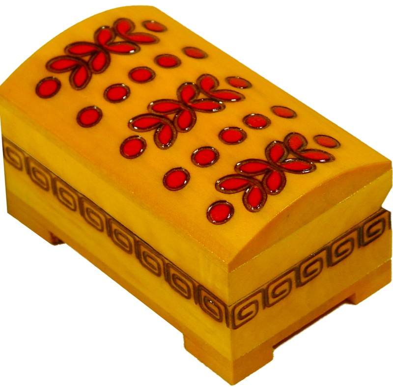 A yellow wooden keepsake chest with branded design of leaves and dots