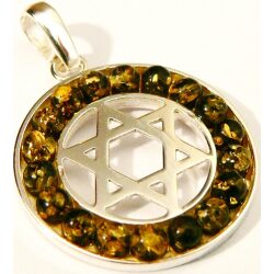 A pendant of sterling silver Jewish star surrounded by green Baltic amber .