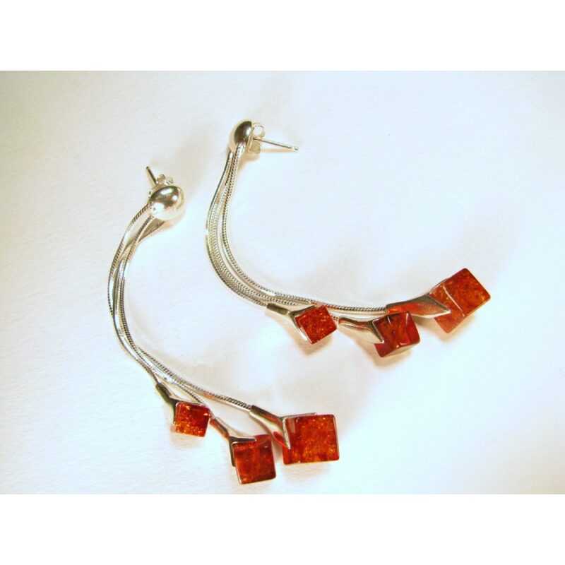 Three strand cube shaped cognac Baltic amber earrings