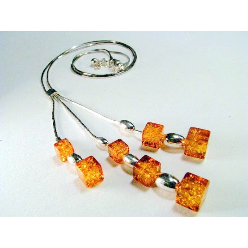 Three pendent Necklace with light honey cubes of Baltic amber