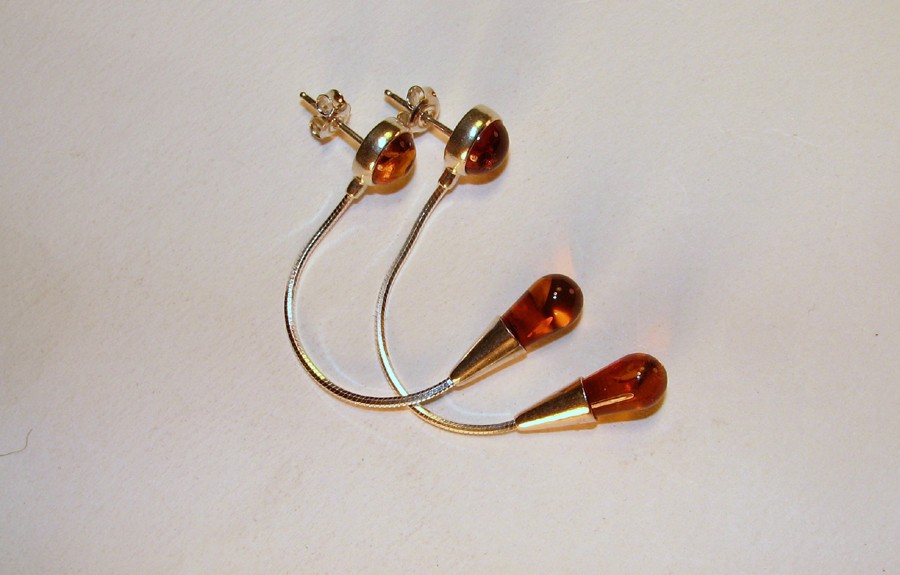 Honey Baltic Amber tear drop earring on sterling silver snake chain