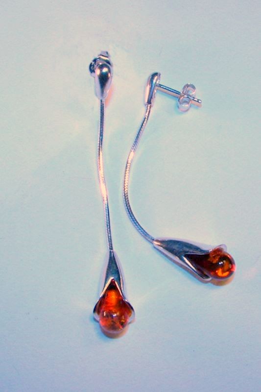 Flower bud Cognac/honey Baltic amber earring on silver snake chain