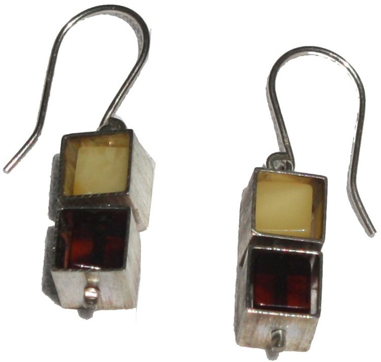 Butterscotch and cherry Baltic amber cube in cube silver housing earrings