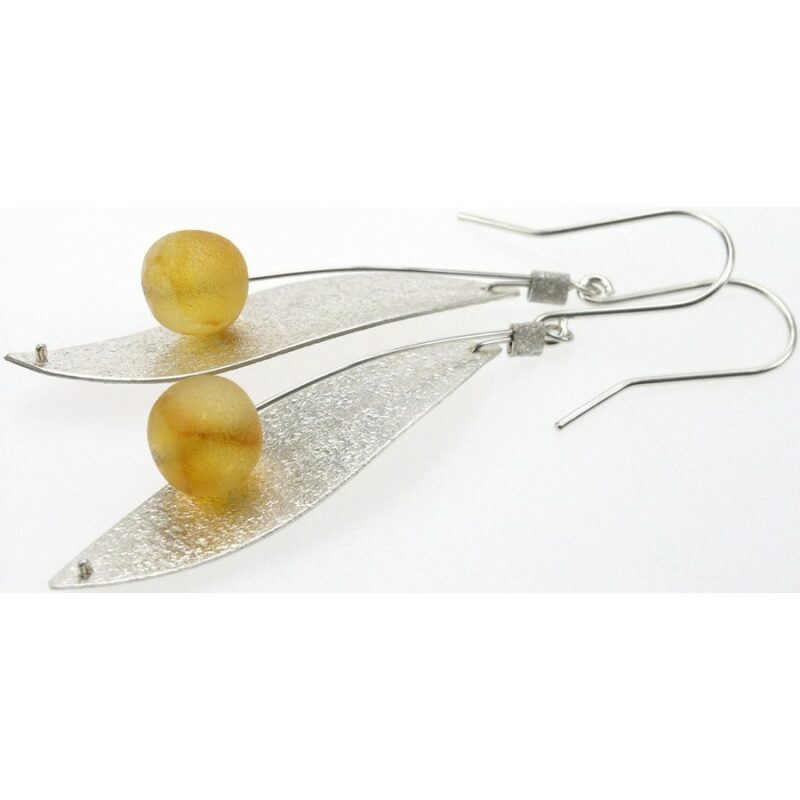 Brushed sterling silver leaves earring with honey Baltic amber balls