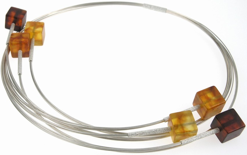 Baltic amber cube necklace on flexible sterling silver wire threads