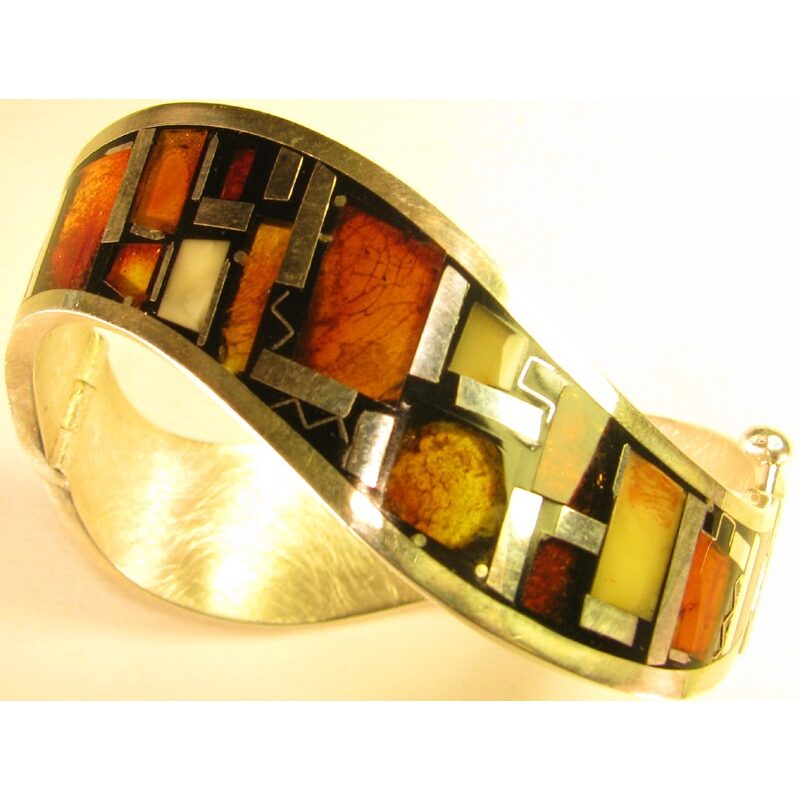 Enamel amber and sterling silver bracelet