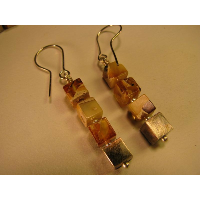 Marbelized Baltic amber cube earring