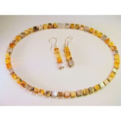 Marbleized Baltic amber cubes and silver necklace and earring set