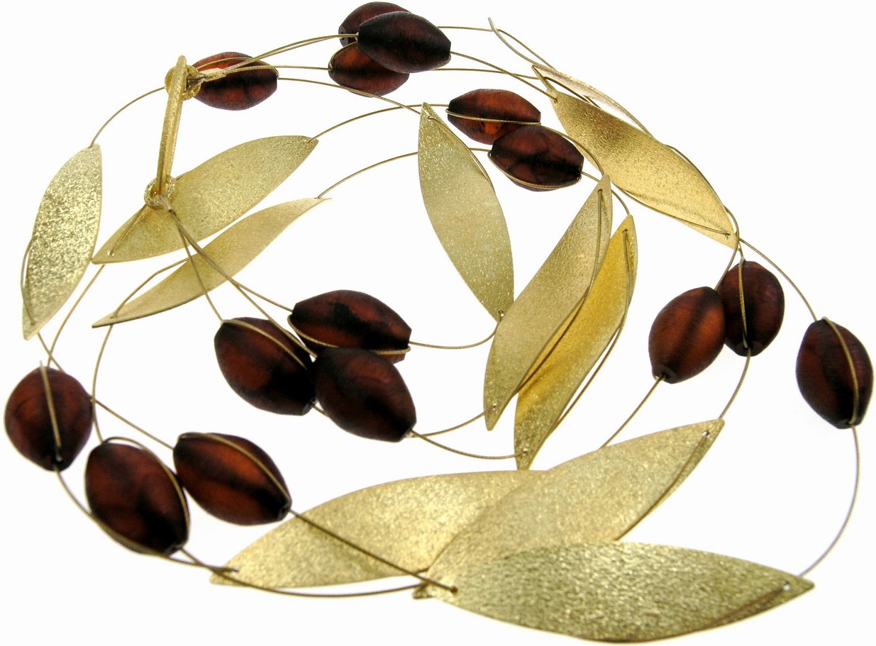 Golden leaves and Baltic amber berries necklace