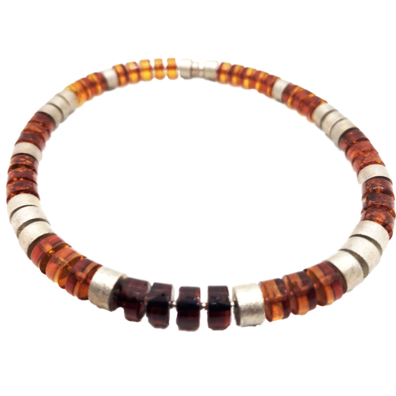 Certified Baltic amber necklace/chocker in cherry, honey and congac with brushed silver ings
