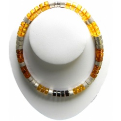 Multicolored Baltic Amber In Cherry, Honey And Congac, And Brushed Silver Necklace