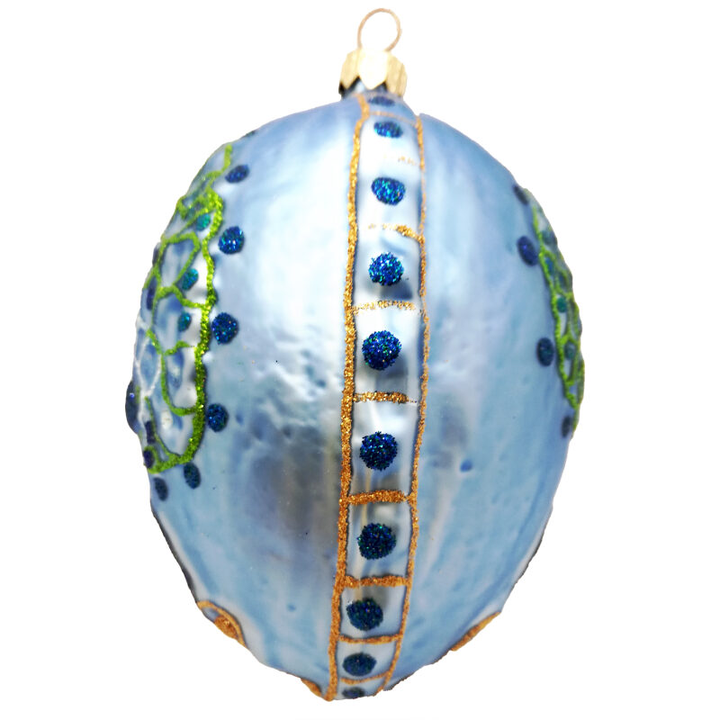 Side view of Blue peacock glass Christmas ornament egg
