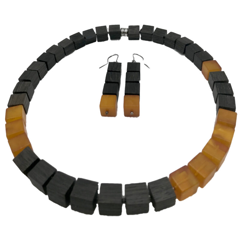 Genuine honey Baltic amber and fossilized oak cubes necklace and earrings