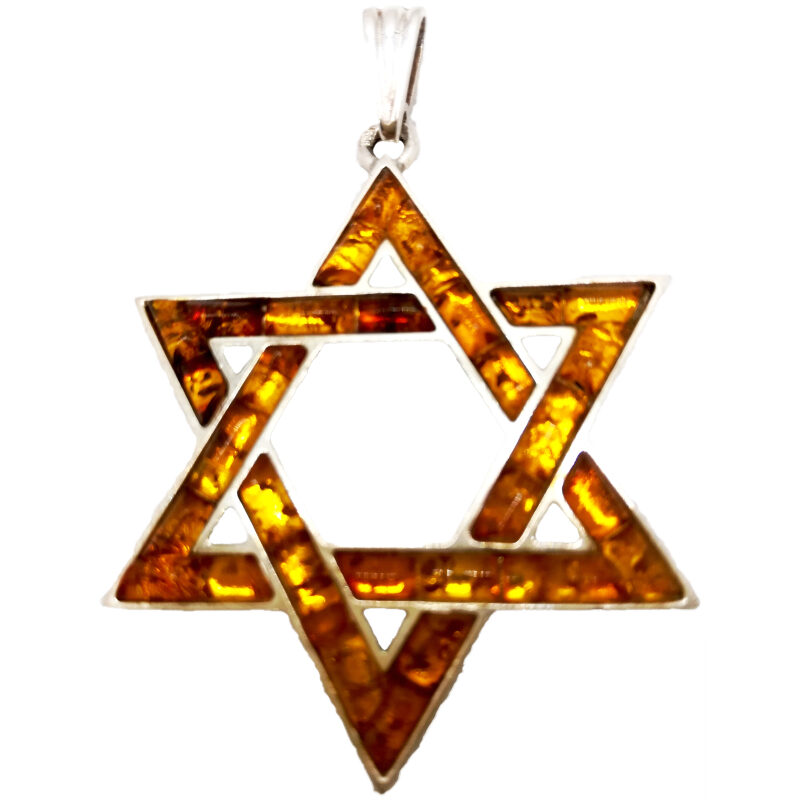 Star of David silver pendant filled with honey diamond cut amber