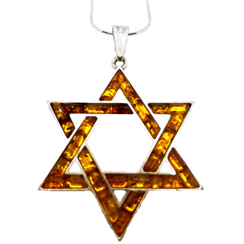 Silver star of David pendant filled with honey diamond cut amber