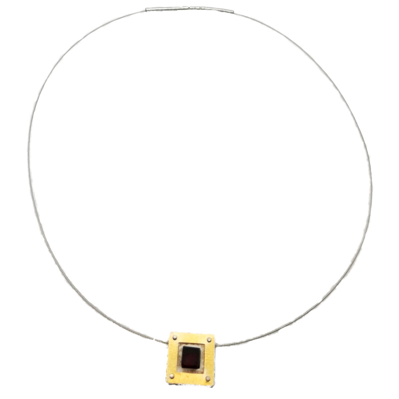 Modern Amber necklace with Cherry cube surrounded by golden frame