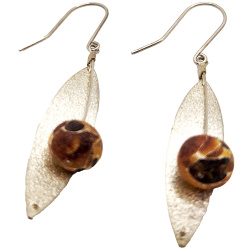 Elongated silver leaf earring with hanging marbelized amber ball
