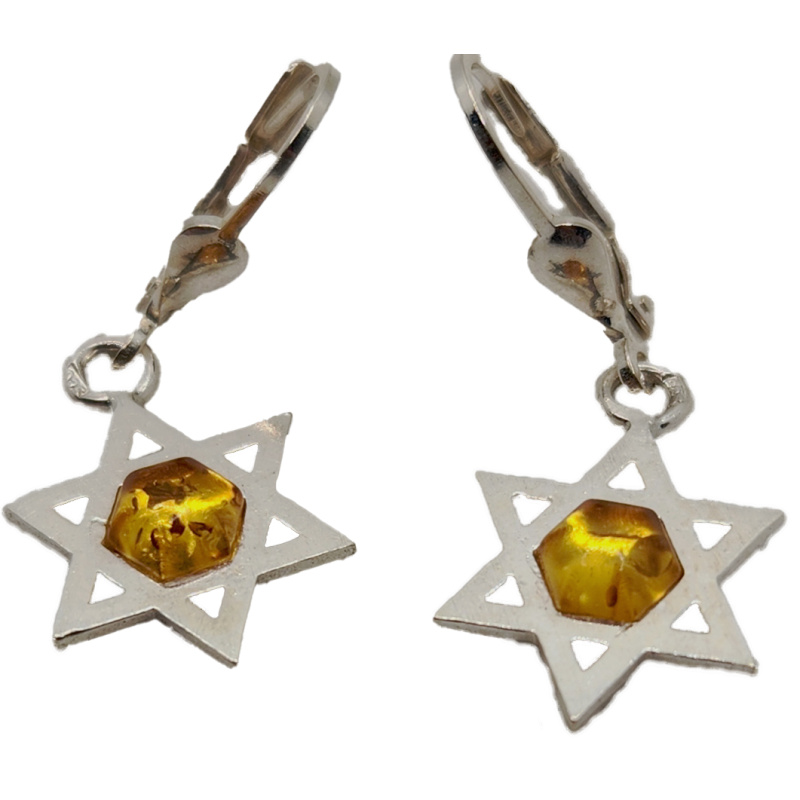 Star of David silver earrings with Baltic lemon amber