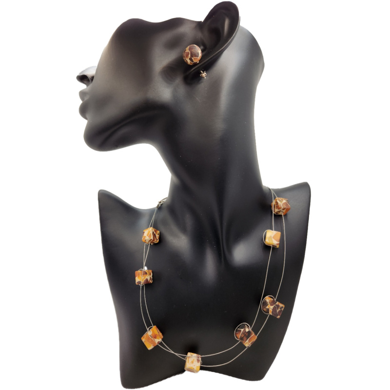 Marbelized Baltic amber cube necklace/chocker with marbelized amber earring