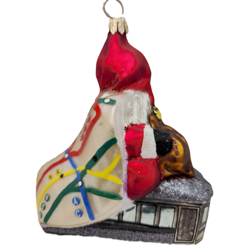 Santa riding the New York's Subway glass ornament